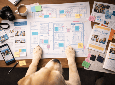 A Golden Retriever looking at a desk with UI design wireframes, coffee, and a DSLR camera.