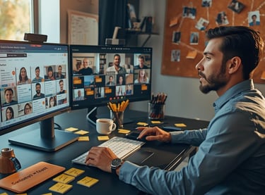 Marketplace founder managing freelancer platform on dual monitors