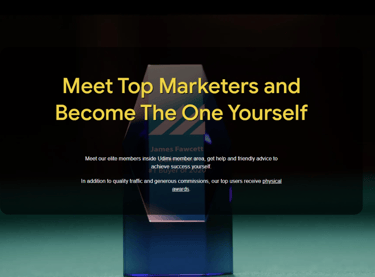 a dark green background with the following text: Meet Top Marketers and become the one yourself