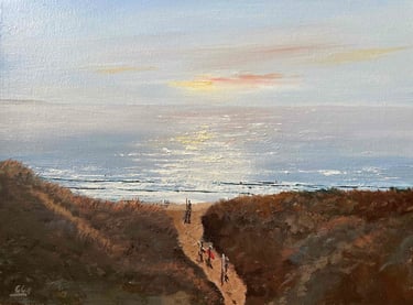 Impressionist oil painting of a coastal beach landscape with dunes and sunlight reflecting on ocean waves.