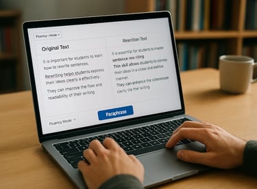 Student using QuillBot AI on a laptop to paraphrase and rewrite academic text