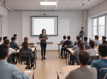 A hand holds a black business card with white text reading 'FORTY TWO Strategy Innovation Design' against a blurred urban skyline backdrop. The sky is clear and blue, suggesting a bright day.