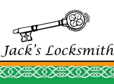 Illustration of a skeleton key with a clover and cross on it. Logo for Jack's Locksmith with celtic knot, orange and green