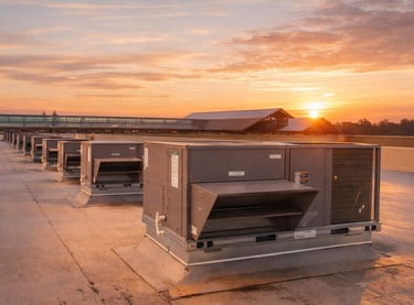 Industrial rooftop HVAC units installed on a commercial building at sunset.
