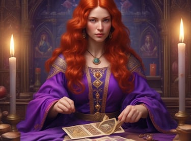 une femme en robe violette assise à une table avec des bougies