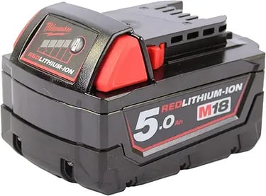 Milwaukee M18 RedLithium-Ion 5.0Ah rechargeable battery pack for cordless power tools.