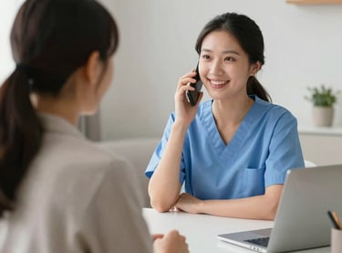 A caring nurse gently assisting an elderly woman in a bright, cozy home setting