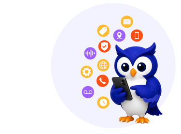 Hootline owl mascot holding a phone with business call feature icons