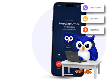 Hootline app and owl mascot showing a business number setup for small businesses