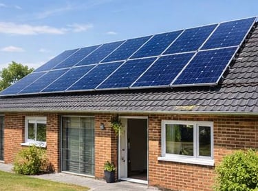 Residential brick house with solar panels installed on a dark shingle roof for clean energy.