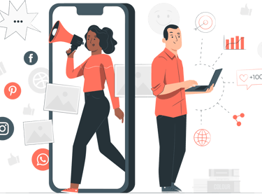 a man and woman standing in front of a phone
