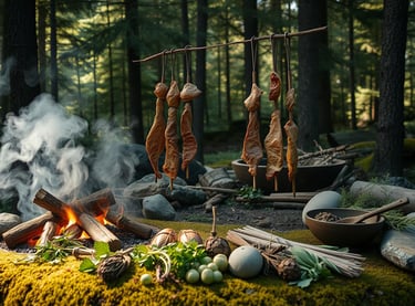 smoky fire pit with hanging meats