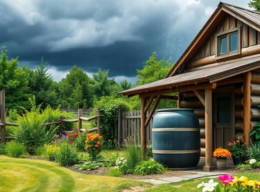 large rustic rain barrel beside a wood cabin