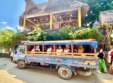 Tourists riding a traditional Zanzibar Daladala, the local bus used to travel to shamba, experiencing authentic village life
