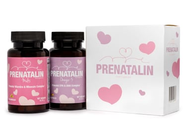 Prenatalin prenatal vitamins and Omega-3 supplement bottles with pink packaging for pregnancy support.