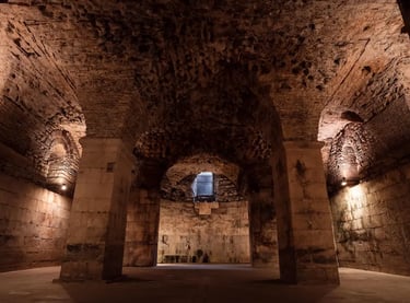 Underground substructure of Diocletian's Palace in Split, Croatia, with ancient Roman stone arches.