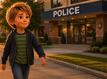 3D animated young boy walking past a modern brick police station building during golden hour sunset.