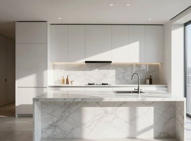 Architectural interior photograph of a minimalist luxury penthouse kitchen, sharp vertical lines, natural morning light pouring over a white marble island, high-end materials, ultra-clear resolution without distortion.