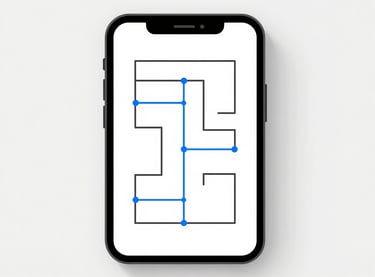 Flat vector schematic of a mobile app interface showing clean data flow paths, top-down orthographic view, monochrome lines with safety-blue highlights, neutral white background