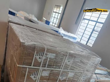 pallets of prismatic LiFePO4 battery cells in packages