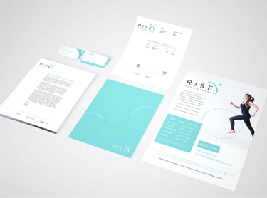A set of stationary for Rise Physiotherapy Clinic's new branding