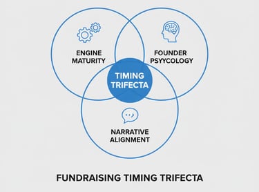 Diagram illustrating how investors interpret fundraising timing through engine clarity, founder psyc