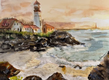 a painting of a lighthouse on a beach