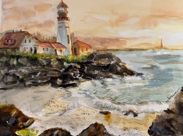 a painting of a lighthouse on a beach
