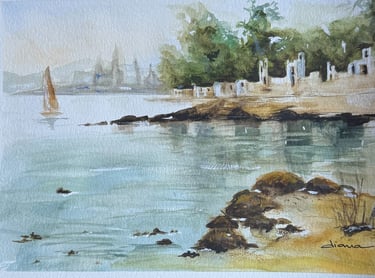 a painting of a sailboat on a beach
