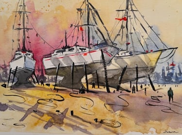 a painting of boats out of the water, ready for maintenance and reparation