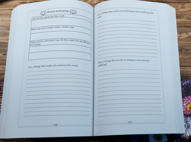 Two pages from a mental health journal with prompts