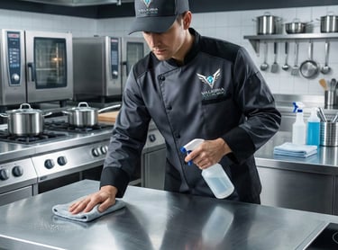 Personal de limpieza y mantenimiento uniformado iniciando servicio en instalaciones