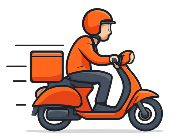 A stylized orange and grey scooter with a delivery driver wearing a helmet, moving quickly as indicated by motion lines.