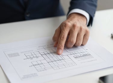 A close-up shot of a professional hand in a Southern European business suit pointing at a detailed logistics diagram on a clean white desk, featuring elegant lighting and a minimalist corporate style.