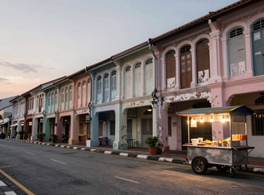Wide environmental shot of a Penang street at dusk, a row of shophouses with peeling pastel paint receding into the background, a food cart with warm tungsten light on the right, no posed subjects, natural street life