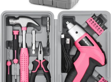 Hi-Spec 19pc 3.6V Pink USB Small Power Screwdriver & Home DIY Tool Kit Set. Cordless & Rechargeable