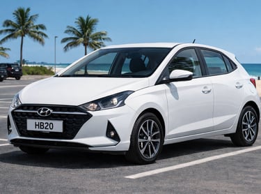 carro pequeno Hyundai HB20 branco estacionado próximo à praia