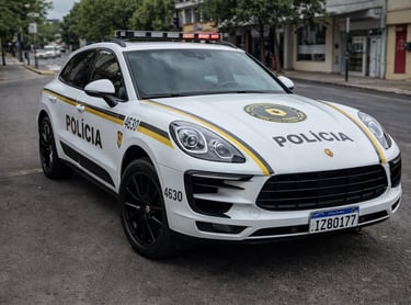 carro de polícia esportivo no Brasil modelo Porsche Macan caracterizado como viatura em rua urbana