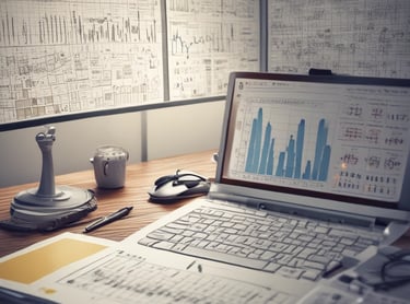 A data analyst working on a laptop with charts and graphs displayed on the screen.