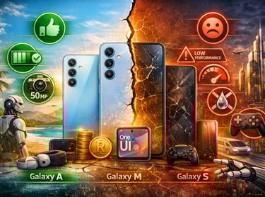 Comparação dos smartphones das séries Samsung Galaxy A, M e S, com destaque