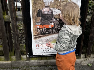 toddler looking at Flying Scotsman poster