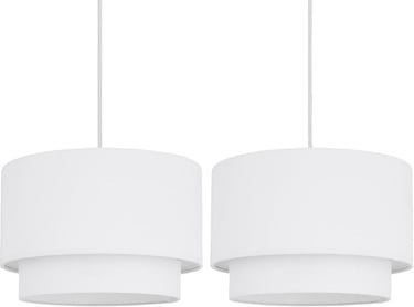 Set of two modern white tiered fabric drum pendant lights for minimalist interior design.
