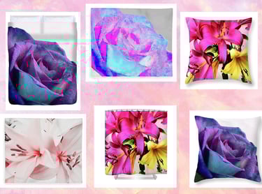 Digital images of floral designs on duvet cover, throw pillows, fleece blankets and a shower curtain