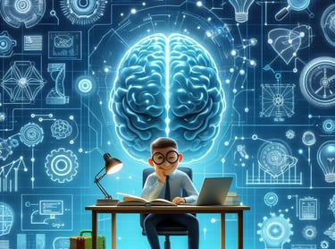 a man sitting at a desk with a laptop computer and a brain map