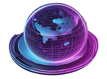 Glowing purple and blue 3D digital earth hologram showing global network connectivity data.