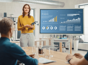 jovem líder apresentando KPIs em reunião com dashboard na tela