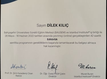 editörlük sertifikası dilek kılıç bausem bahçeşehir üniversitesi