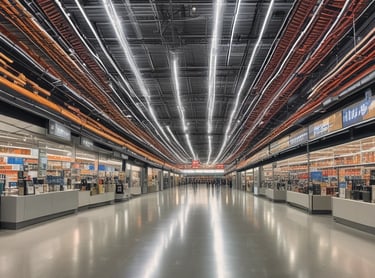 Technician installing electrical wiring at a large commercial substation under clear blue skies.