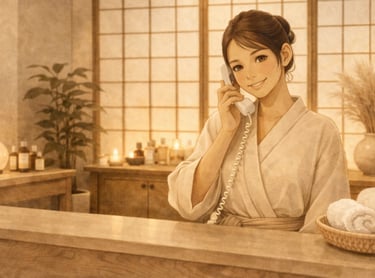 Ilustración soma de recepción spa oriental con terapeuta atendiendo una llamada.