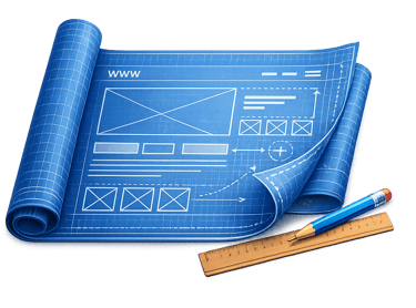 A blue website wireframe blueprint showing UI design layouts with a pencil and ruler.